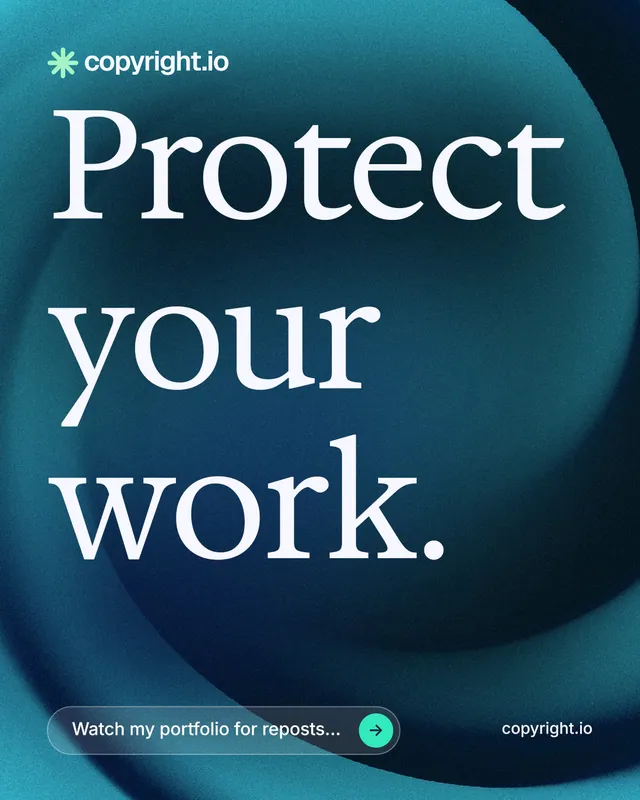 Instagram portrait post for copyright.io: "Protect your work." Agentic glass style, poster layout, dark palette in black, blue, teal.