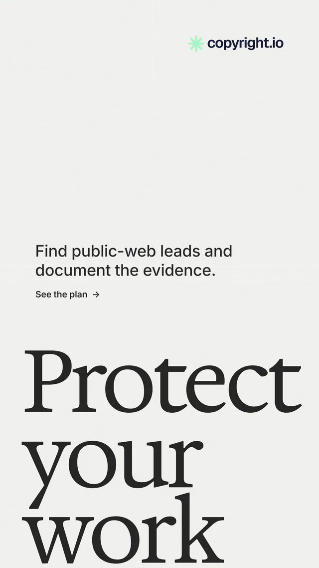 Instagram story for copyright.io: "See the plan first." Minimal luxury style, oversized layout, light palette in white, grey.