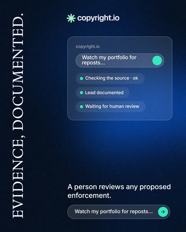 Instagram portrait post for copyright.io: "Evidence, documented." Agentic glass style, vertical layout, dark palette in black, blue.