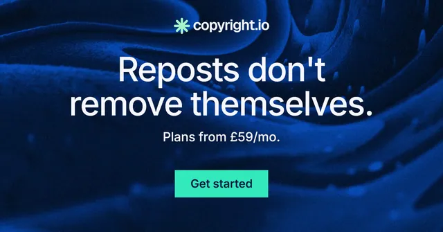 Social ad for copyright.io: "Reposts don't remove themselves." Swiss style, centred layout, dark palette in blue, black.