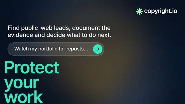 Landscape graphic for copyright.io: "Your content is being stolen." Agentic glass style, oversized layout, dark palette in black, blue, teal.