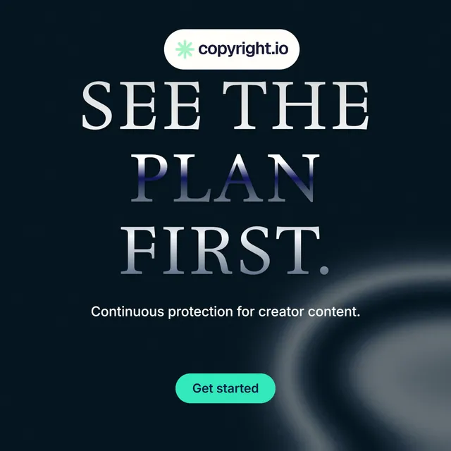 Instagram post for copyright.io: "See the plan first." Y2K style, centred layout, dark palette in black, grey, blue.