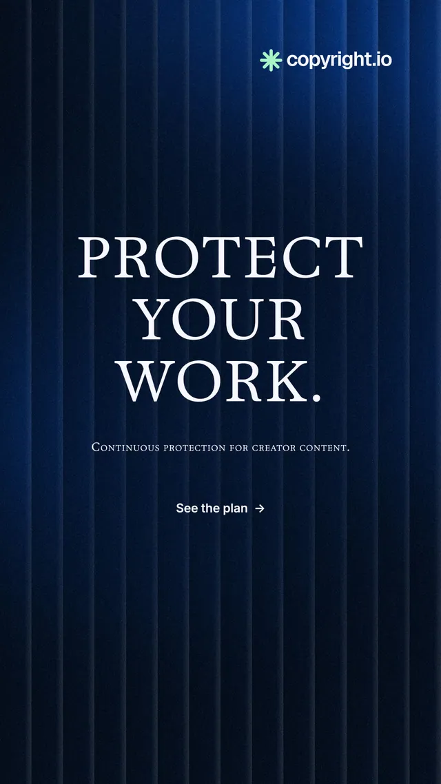 Instagram story for copyright.io: "Protect your work." Minimal luxury style, smallcaps layout, dark palette in black, blue.