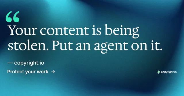 Social ad for copyright.io: "Reposts don't remove themselves." Minimal luxury style, quote layout, dark palette in teal, blue.