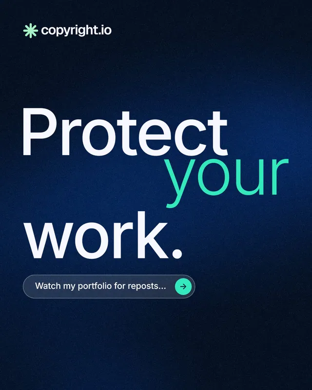 Instagram portrait post for copyright.io: "Protect your work." Agentic glass style, stacked layout, dark palette in black, blue, grey.
