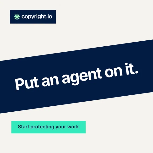 Instagram post for copyright.io: "Put an agent on it." Swiss style, diagonal layout, light palette in white, blue.
