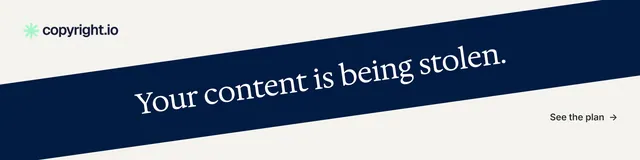 LinkedIn banner for copyright.io: "Your content is being stolen." Minimal luxury style, diagonal layout, light palette in white, blue.