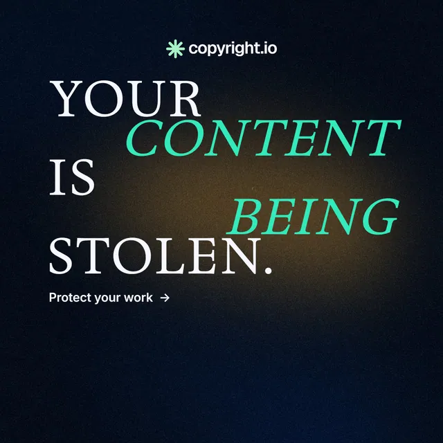 Instagram post for copyright.io: "Your content is being stolen." Minimal luxury style, stacked layout, dark palette in black, orange, grey.