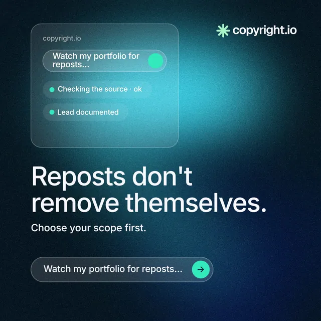 Instagram post for copyright.io: "Reposts don't remove themselves." Agentic glass style, skeleton layout, dark palette in teal, blue, black.