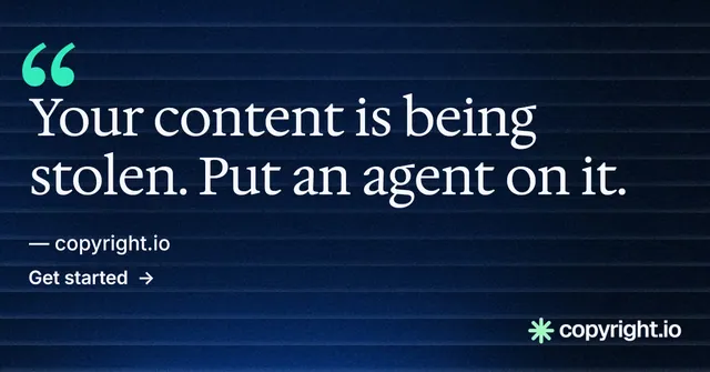 Social ad for copyright.io: "Put an agent on it." Minimal luxury style, quote layout, dark palette in black, blue, grey.
