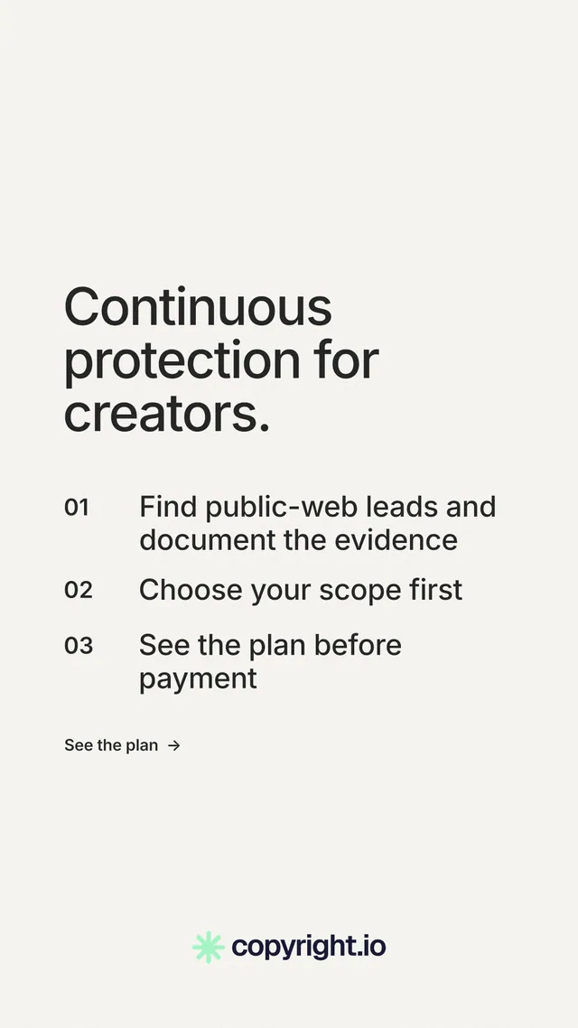 Instagram story for copyright.io: "Continuous protection for creators." Minimal luxury style, numbered layout, light palette in white, grey.