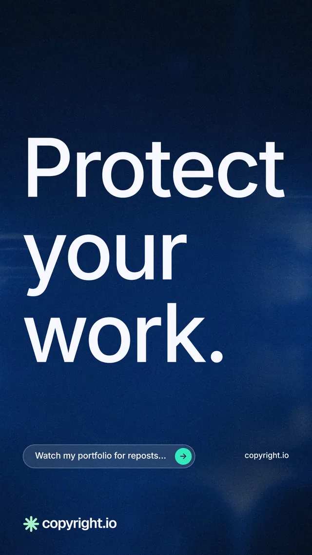 Instagram story for copyright.io: "Protect your work." Agentic glass style, poster layout, dark palette in blue, black.