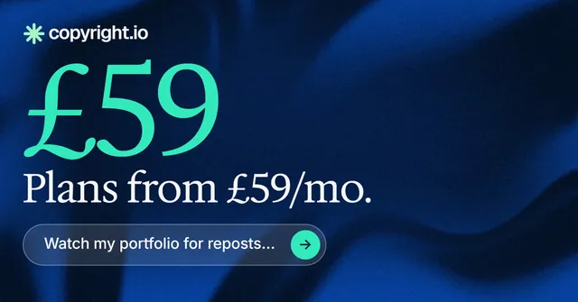 Social ad for copyright.io: "Reposts don't remove themselves." Agentic glass style, stat layout, dark palette in blue, black, teal.