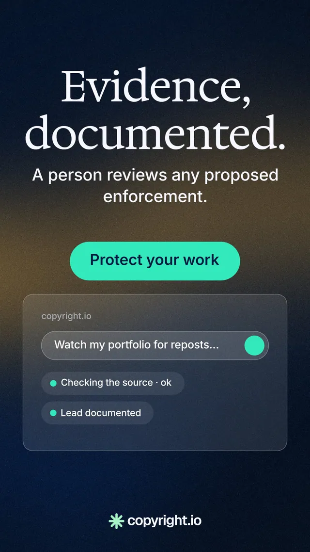 Instagram story for copyright.io: "Evidence, documented." Agentic glass style, skeleton layout, dark palette in black, grey, blue.