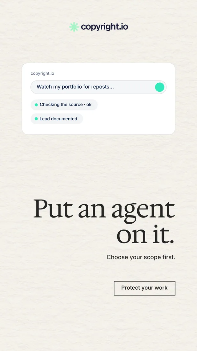Instagram story for copyright.io: "Put an agent on it." Editorial style, right layout, light palette in white.