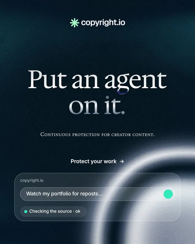 Instagram portrait post for copyright.io: "Put an agent on it." Y2K style, smallcaps layout, dark palette in blue, black, grey.