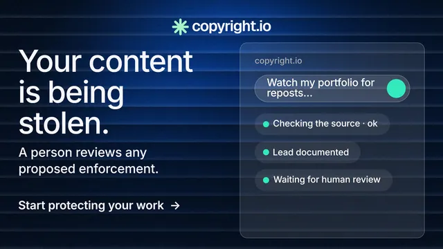 Landscape graphic for copyright.io: "Your content is being stolen." Minimal luxury style, bottom layout, dark palette in black, blue, grey.