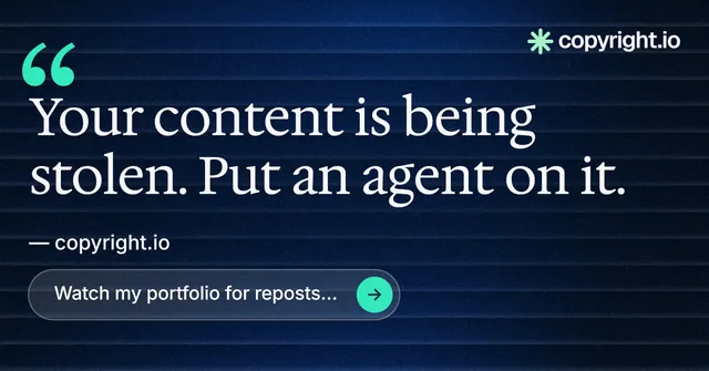 Social ad for copyright.io: "Protect your work." Agentic glass style, quote layout, dark palette in black, blue, grey.