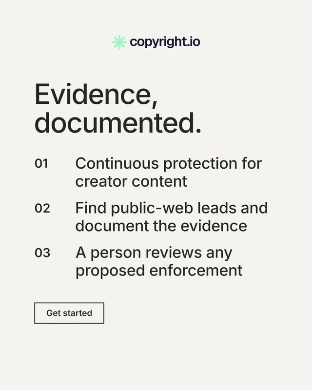 Instagram portrait post for copyright.io: "Evidence, documented." Editorial style, numbered layout, light palette in white, grey.