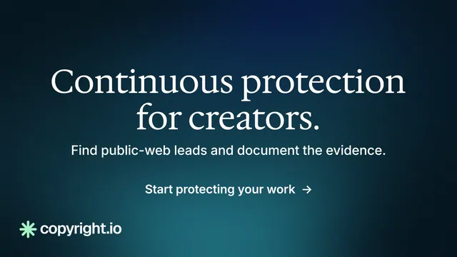 Landscape graphic for copyright.io: "Continuous protection for creators." Minimal luxury style, centred layout, dark palette in blue, black, teal.