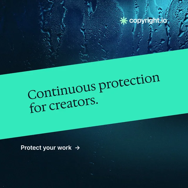 Instagram post for copyright.io: "Continuous protection for creators." Minimal luxury style, diagonal layout, dark palette in blue, teal, black.