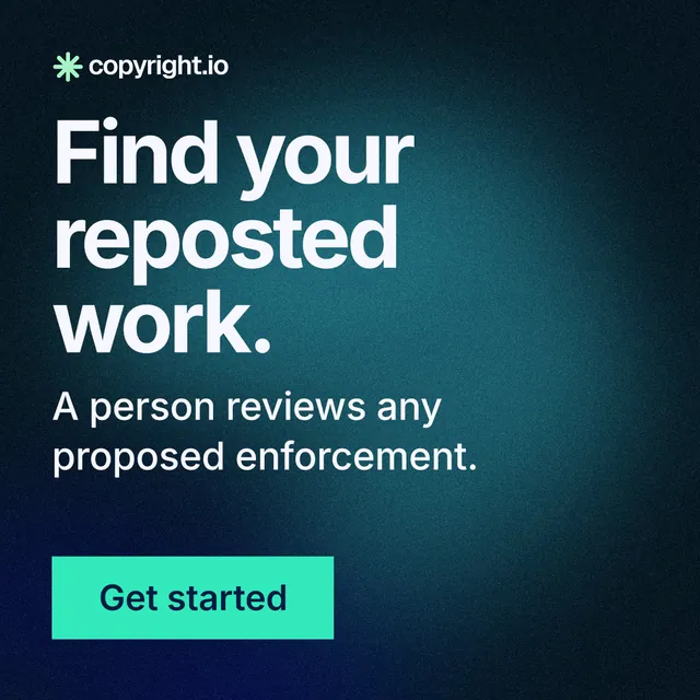 Instagram post for copyright.io: "Find your reposted work." Swiss style, skeleton layout, dark palette in teal, black, blue.