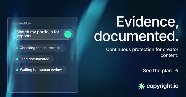 Social ad for copyright.io: "Evidence, documented." Minimal luxury style, right layout, dark palette in blue, black.
