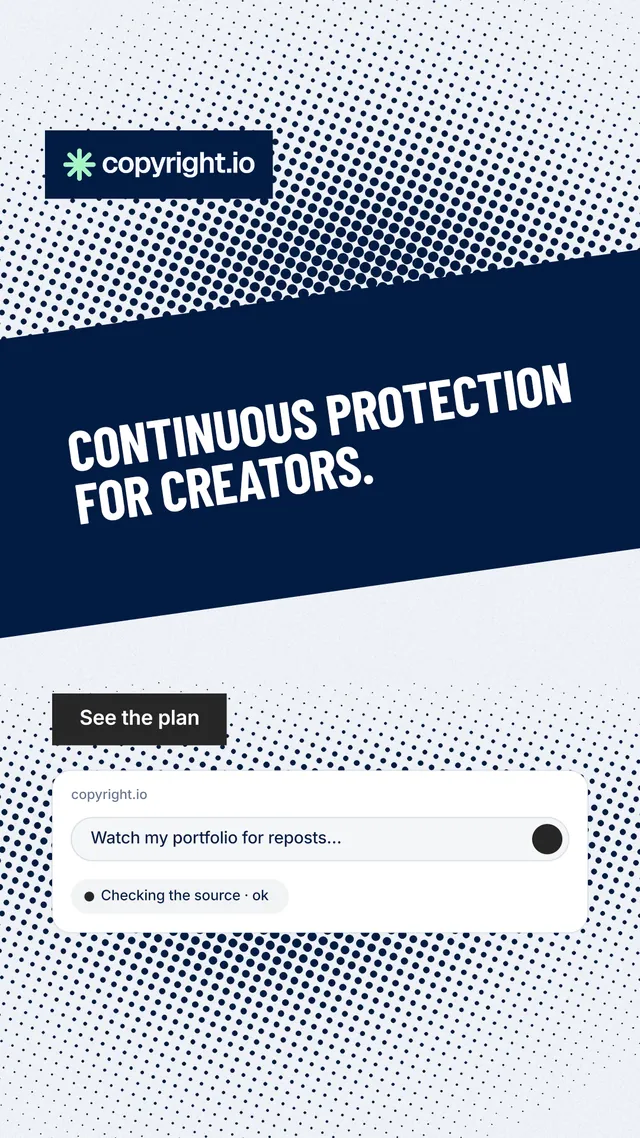 Instagram story for copyright.io: "Continuous protection for creators." Retro print style, diagonal layout, light palette in blue, white, grey.
