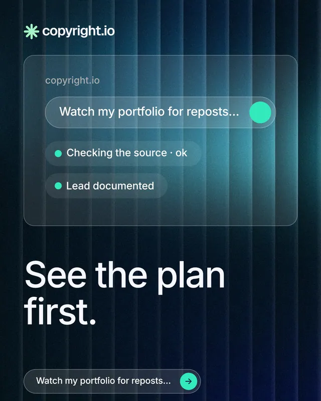 Instagram portrait post for copyright.io: "See the plan first." Agentic glass style, bottom layout, dark palette in blue, black, teal.