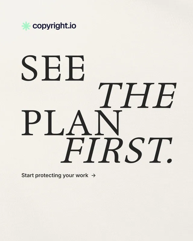 Instagram portrait post for copyright.io: "See the plan first." Minimal luxury style, stacked layout, light palette in yellow, white, grey.