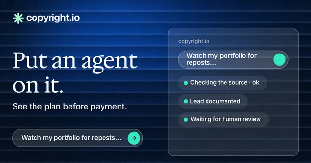 Social ad for copyright.io: "Put an agent on it." Agentic glass style, bottom layout, dark palette in blue, black.