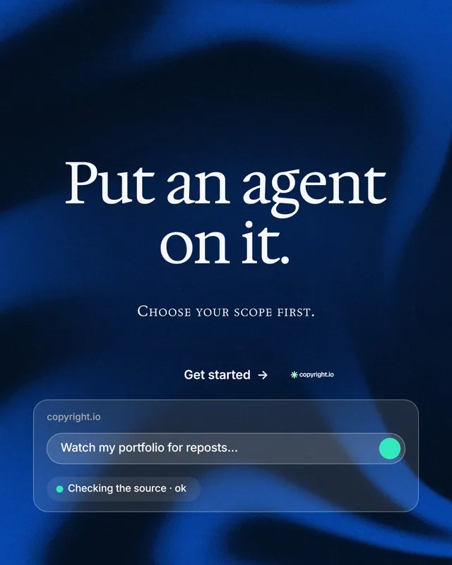 Instagram portrait post for copyright.io: "Put an agent on it." Agentic glass style, smallcaps layout, dark palette in blue, black.