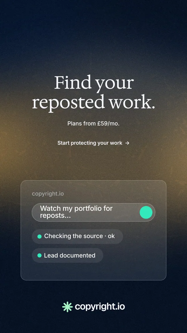 Instagram story for copyright.io: "Find your reposted work." Minimal luxury style, centred layout, dark palette in grey, black, blue.