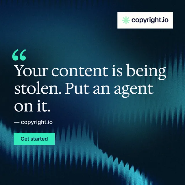 Instagram post for copyright.io: "Find your reposted work." Swiss style, quote layout, dark palette in blue, black, teal.