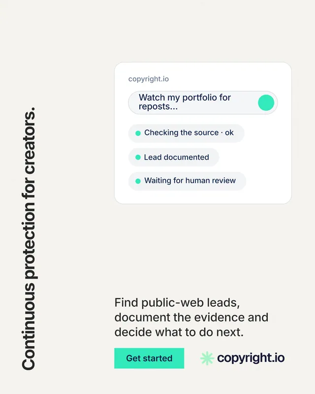 Instagram portrait post for copyright.io: "Continuous protection for creators." Swiss style, vertical layout, light palette in white, grey.