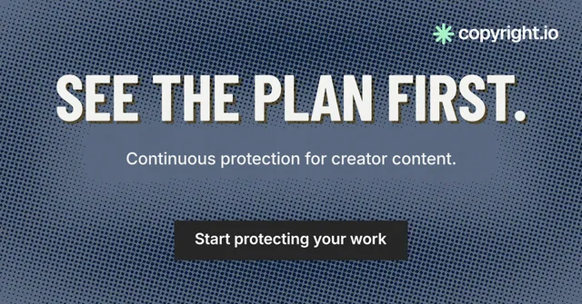 Social ad for copyright.io: "See the plan first." Retro print style, centred layout, dark palette in blue, grey.