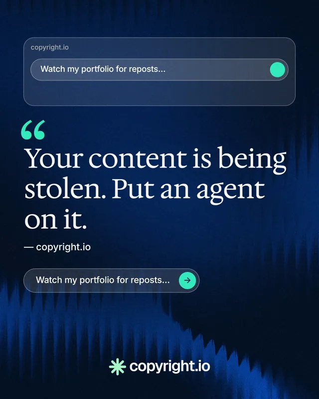 Instagram portrait post for copyright.io: "Continuous protection for creators." Agentic glass style, quote layout, dark palette in blue, black.