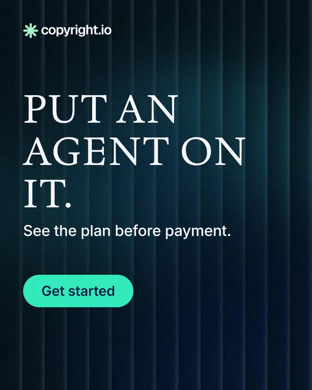 Instagram portrait post for copyright.io: "Put an agent on it." Agentic glass style, skeleton layout, dark palette in black, blue, teal.