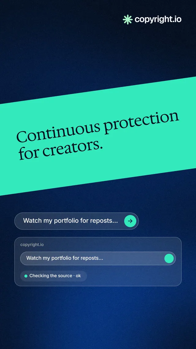 Instagram story for copyright.io: "Continuous protection for creators." Agentic glass style, diagonal layout, dark palette in teal, black, blue.