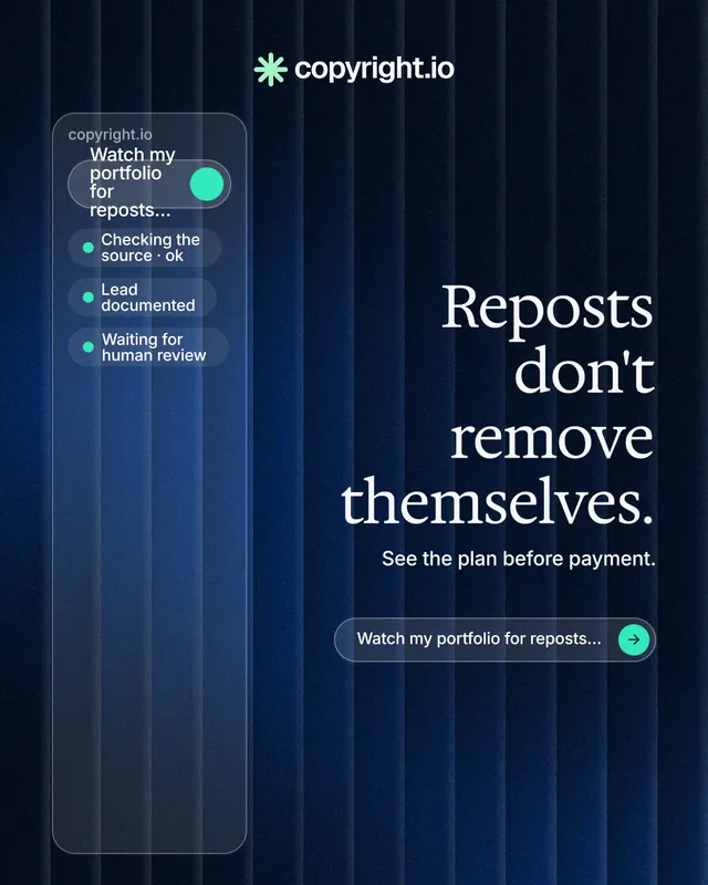 Instagram portrait post for copyright.io: "Reposts don't remove themselves." Agentic glass style, right layout, dark palette in blue, black.