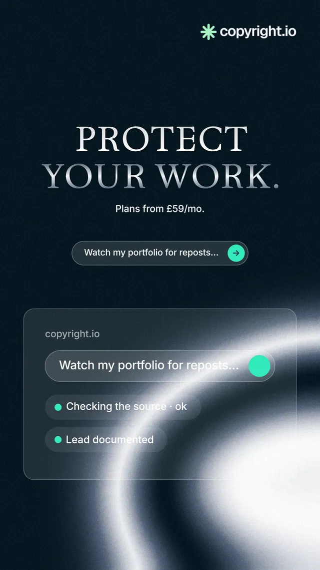 Instagram story for copyright.io: "Protect your work." Agentic glass style, centred layout, dark palette in black, blue, grey.