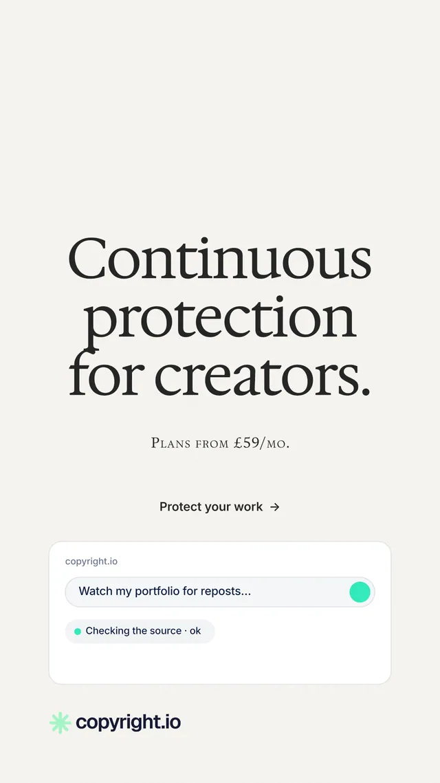 Instagram story for copyright.io: "Continuous protection for creators." Minimal luxury style, smallcaps layout, light palette in white, grey.