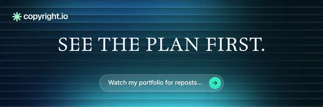 X header for copyright.io: "See the plan first." Agentic glass style, centred layout, dark palette in blue, black, teal.