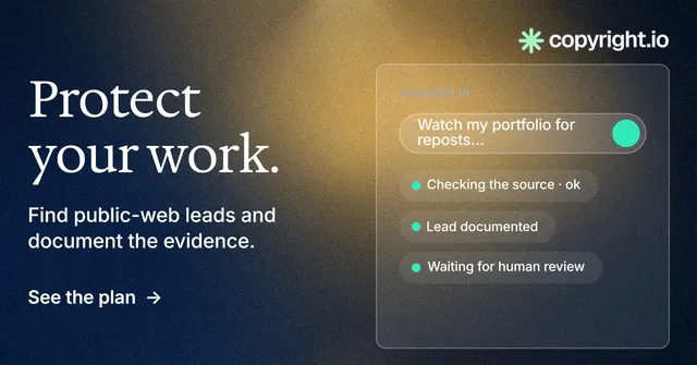 Social ad for copyright.io: "Protect your work." Minimal luxury style, bottom layout, dark palette in blue, grey, yellow.