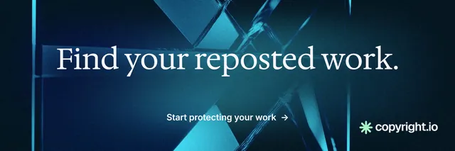 X header for copyright.io: "Find your reposted work." Minimal luxury style, centred layout, dark palette in blue, black.