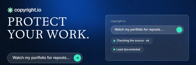 X header for copyright.io: "Protect your work." Agentic glass style, bottom layout, dark palette in blue, black.