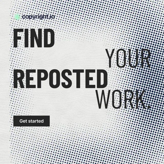 Instagram post for copyright.io: "Find your reposted work." Retro print style, stacked layout, light palette in grey, white.