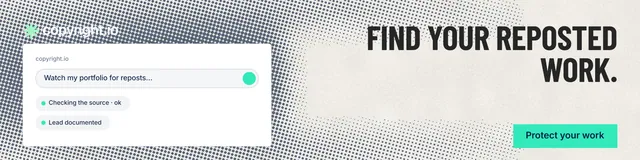 LinkedIn banner for copyright.io: "Find your reposted work." Retro print style, right layout, light palette in green, grey, white.