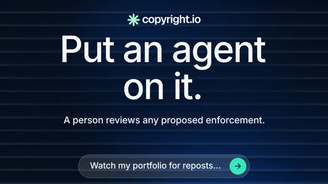 Landscape graphic for copyright.io: "Put an agent on it." Agentic glass style, centred layout, dark palette in blue, black, grey.