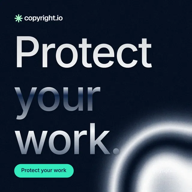 Instagram post for copyright.io: "Protect your work." Y2K style, poster layout, dark palette in black, grey, blue.